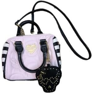 Betsey Johnson Embroidered Pink Skull Crossbody Satchel Purse W Handle And Skull